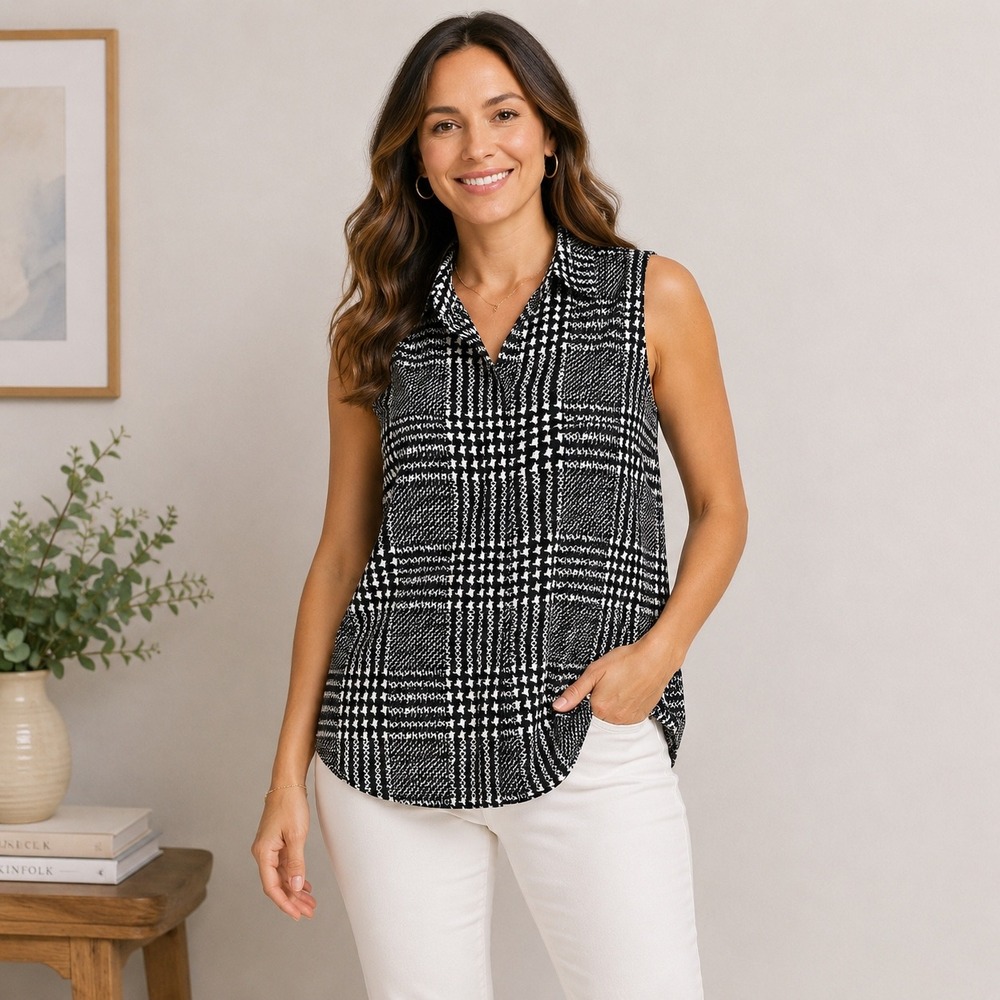 J Crew Womens Black White Abstract Plaid Sleeveless Button Down Shirt 12